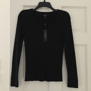 Talbots Petites Pima Black Cable V-Neck Sweater